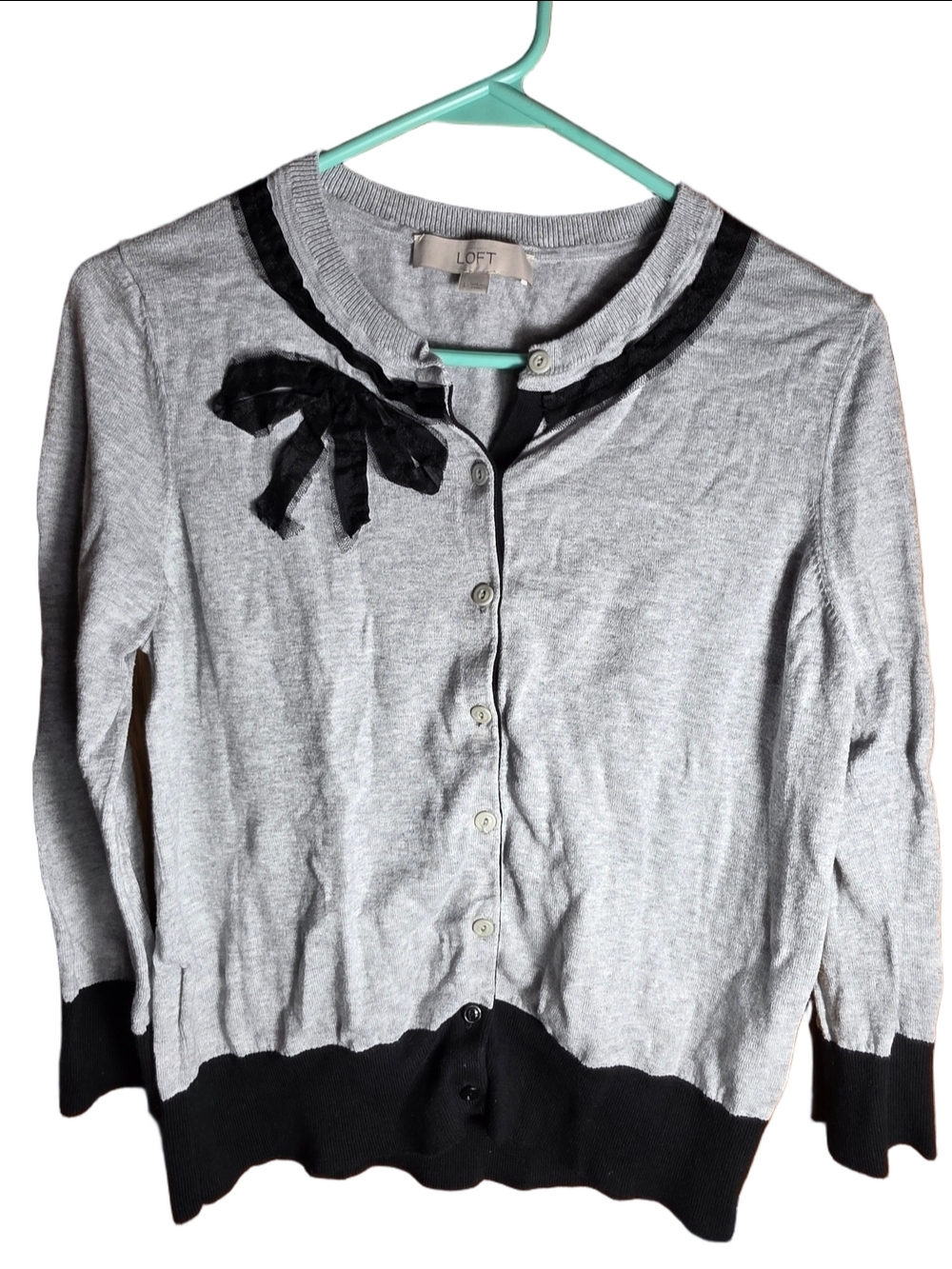 LOFT Light Gray Cardigan with Black Bow & Trim Large Goth Feminine Y2K Preppy